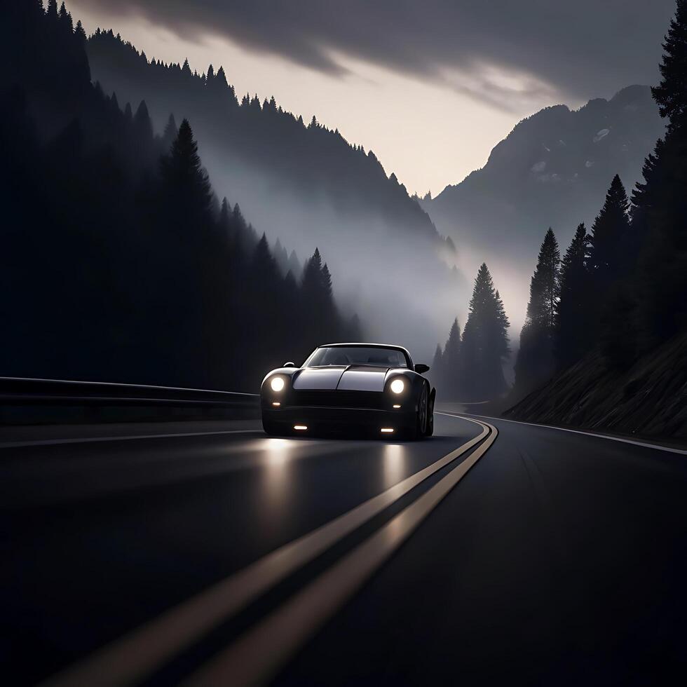 Night Drive Through Mountain Pass Classic Sports Car Journey photo