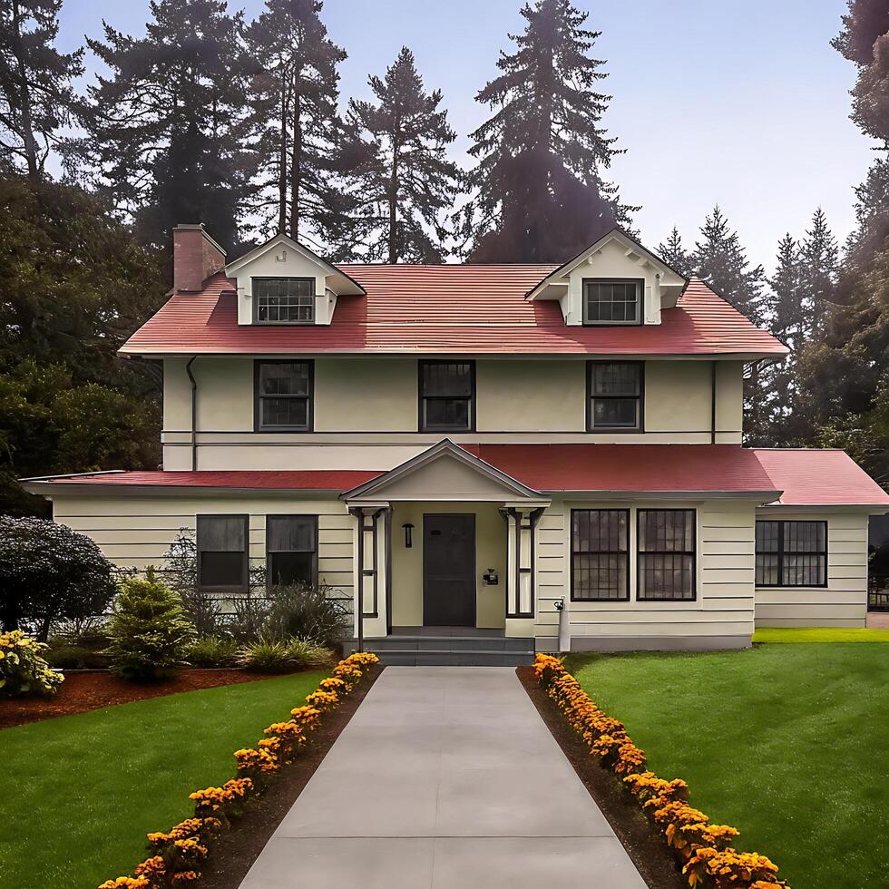 Beautiful Two Story House with Red Roof and Landscaped Garden photo