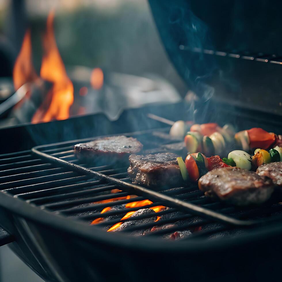 Delicious Grilled Steaks and Vegetable Skewers on a Hot Summer Day photo