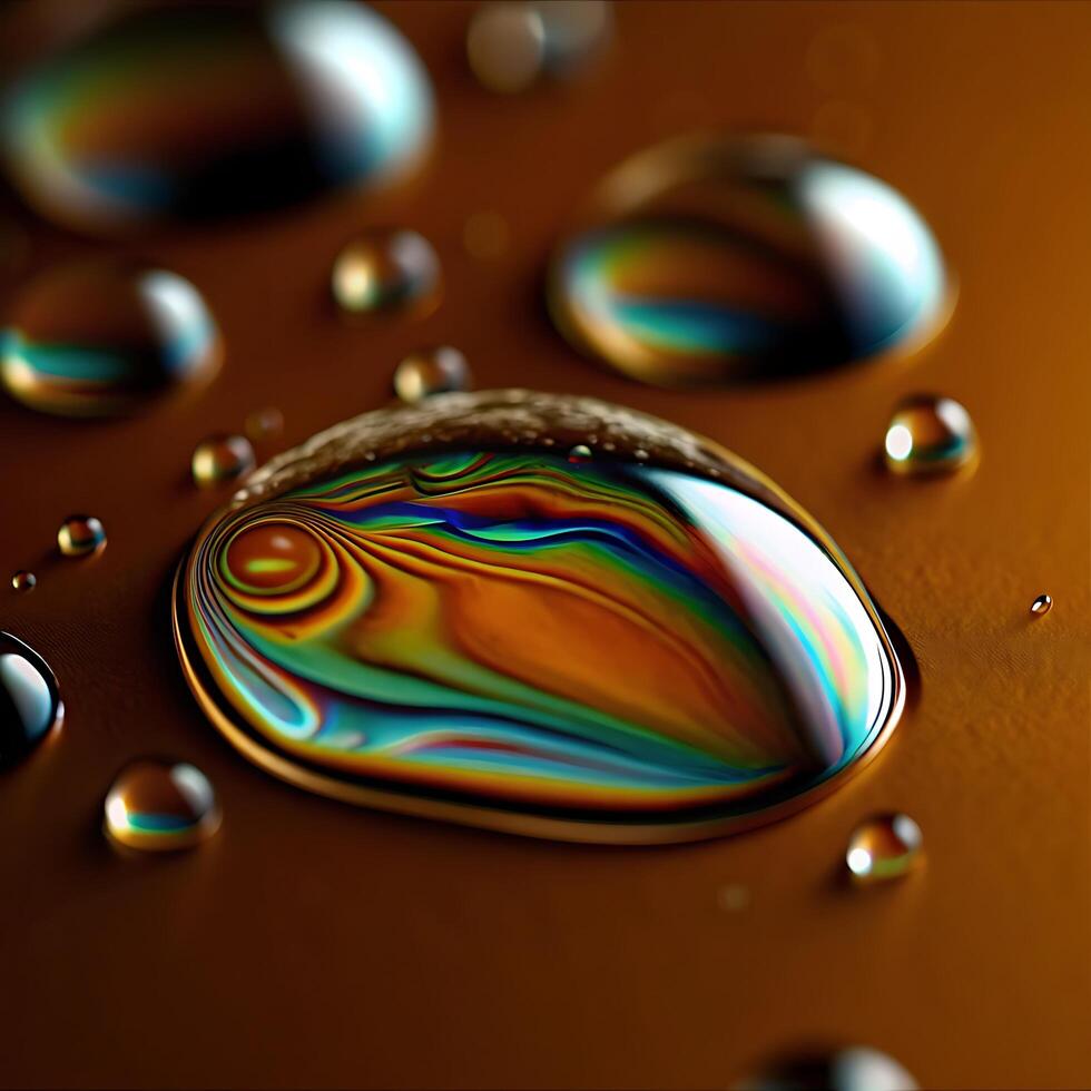 Macro Photography of Iridescent Water Droplets on a Brown Surface Showing Vibrant Colors and Reflections photo