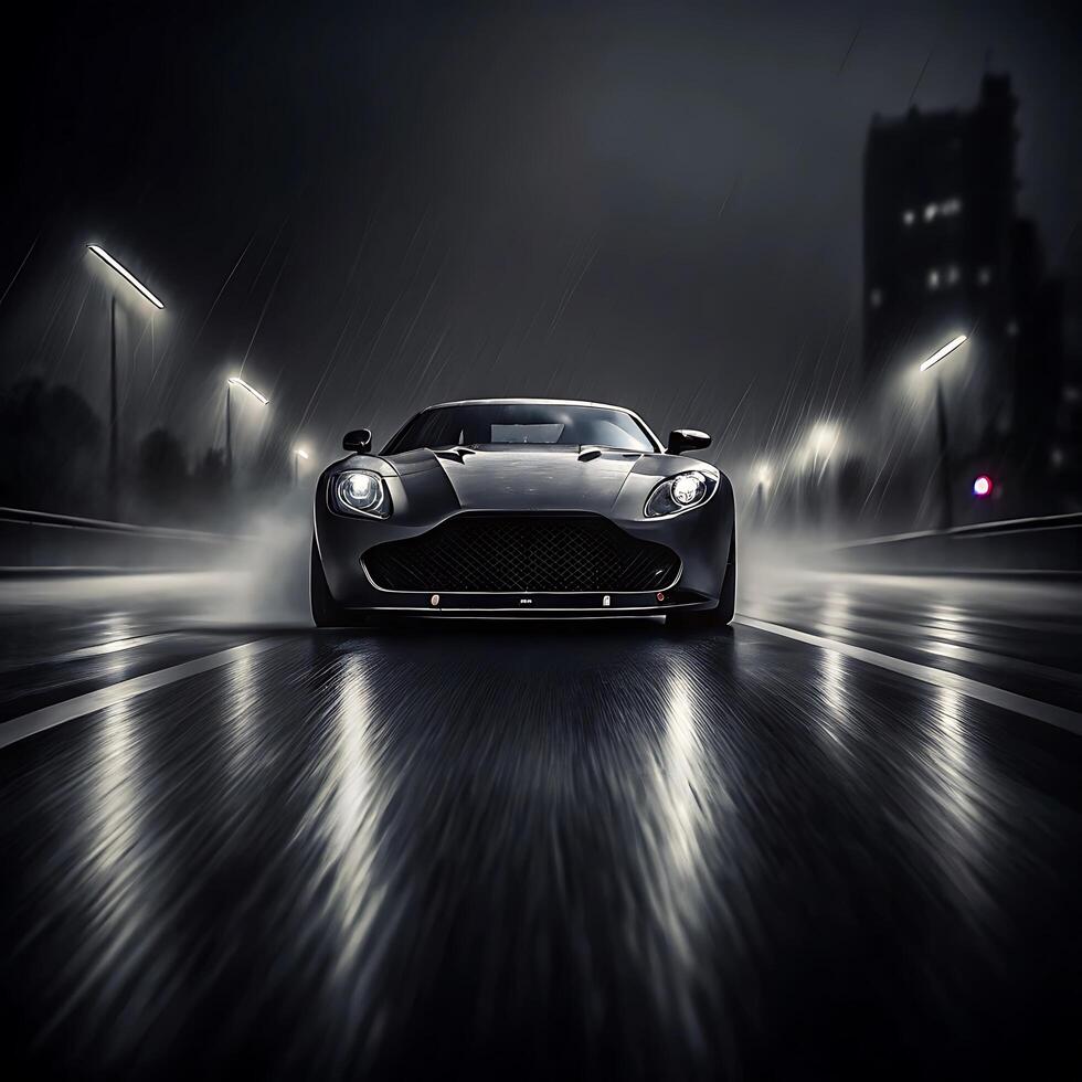Sleek Luxury Sports Car Driving Through Rainy City at Night photo