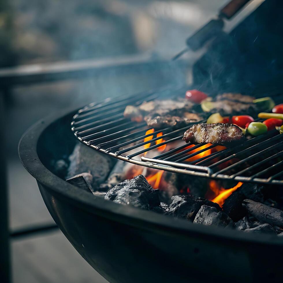 Delicious Grilled Steaks and Vegetables on a Charcoal Grill photo