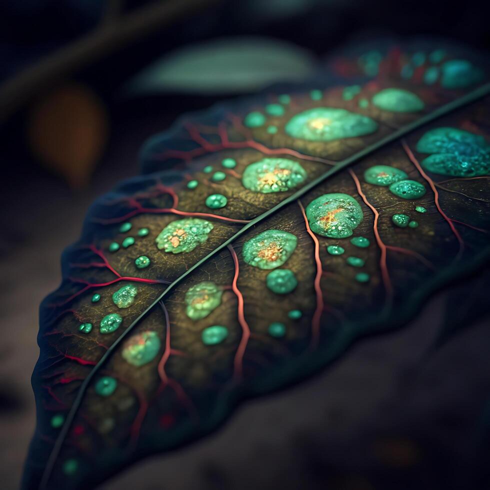 Closeup of a leaf with vibrant green and red veins detailed texture and water droplets photo