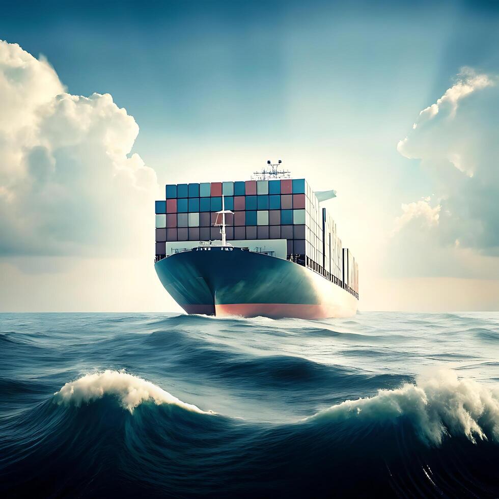 Large Container Ship Sailing on a Rough Ocean Under a Cloudy Sky photo