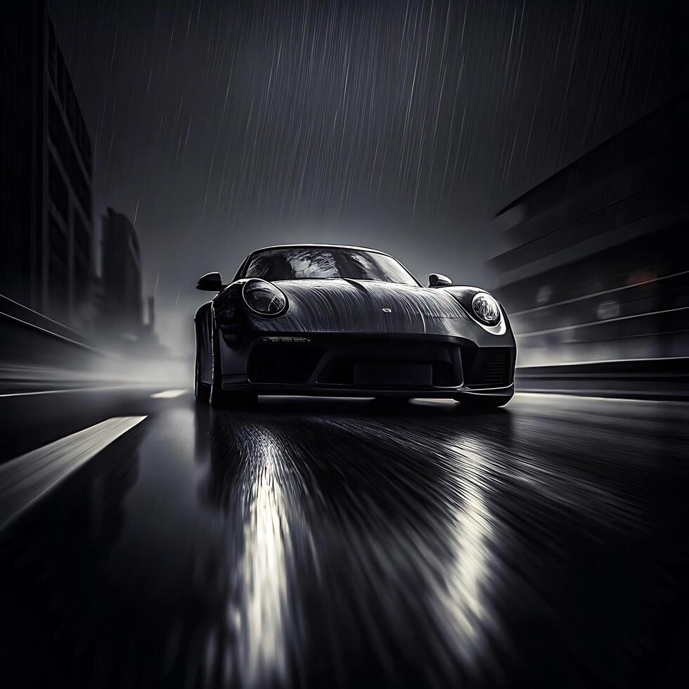 Dark Porsche 911 Driving in the Rain at Night City Street Scene photo