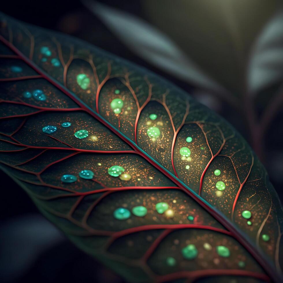 Closeup of a leaf with vibrant colors and water droplets photo