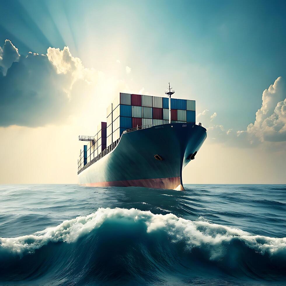 Large Container Ship Sailing on a Rough Ocean at Sunset photo