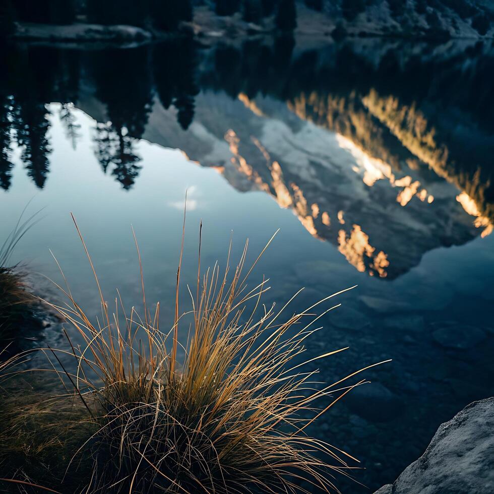 Mountain Reflection in a Calm Lake at Sunrise with Grass in the Foreground photo