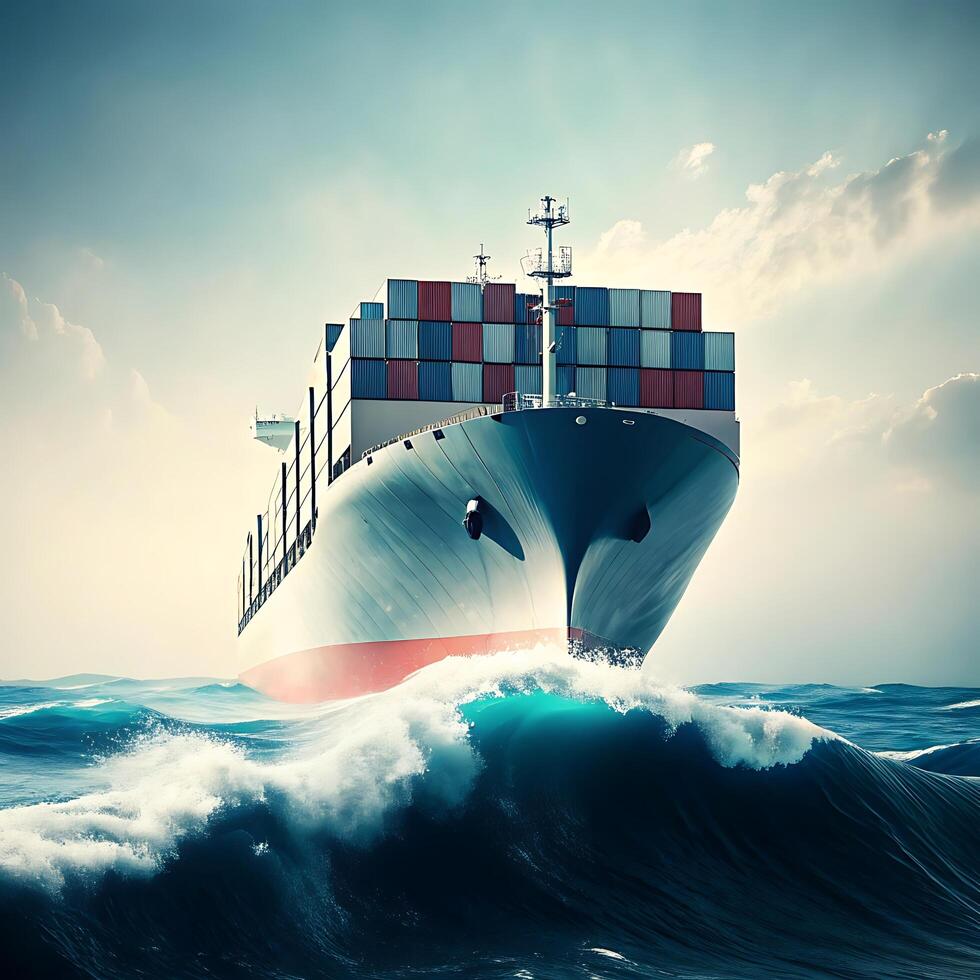 Large Cargo Ship Sailing Through Rough Ocean Waves Under a Cloudy Sky photo