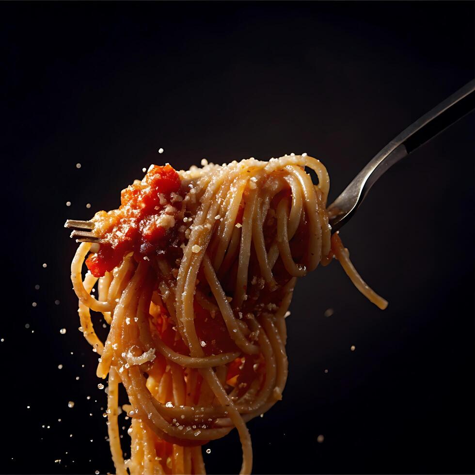 Delicious Spaghetti with Marinara Sauce and Parmesan Cheese Sprinkled on Top A Closeup Shot of a Forkful of Pasta photo