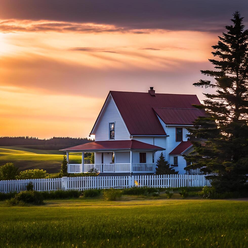 Picturesque White Farmhouse at Sunset with Rolling Hills and White Picket Fence photo