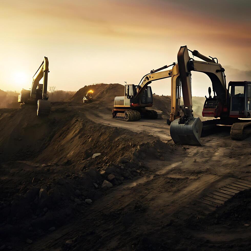 Heavy machinery working at sunset on a construction site, excavating earth and moving dirt photo