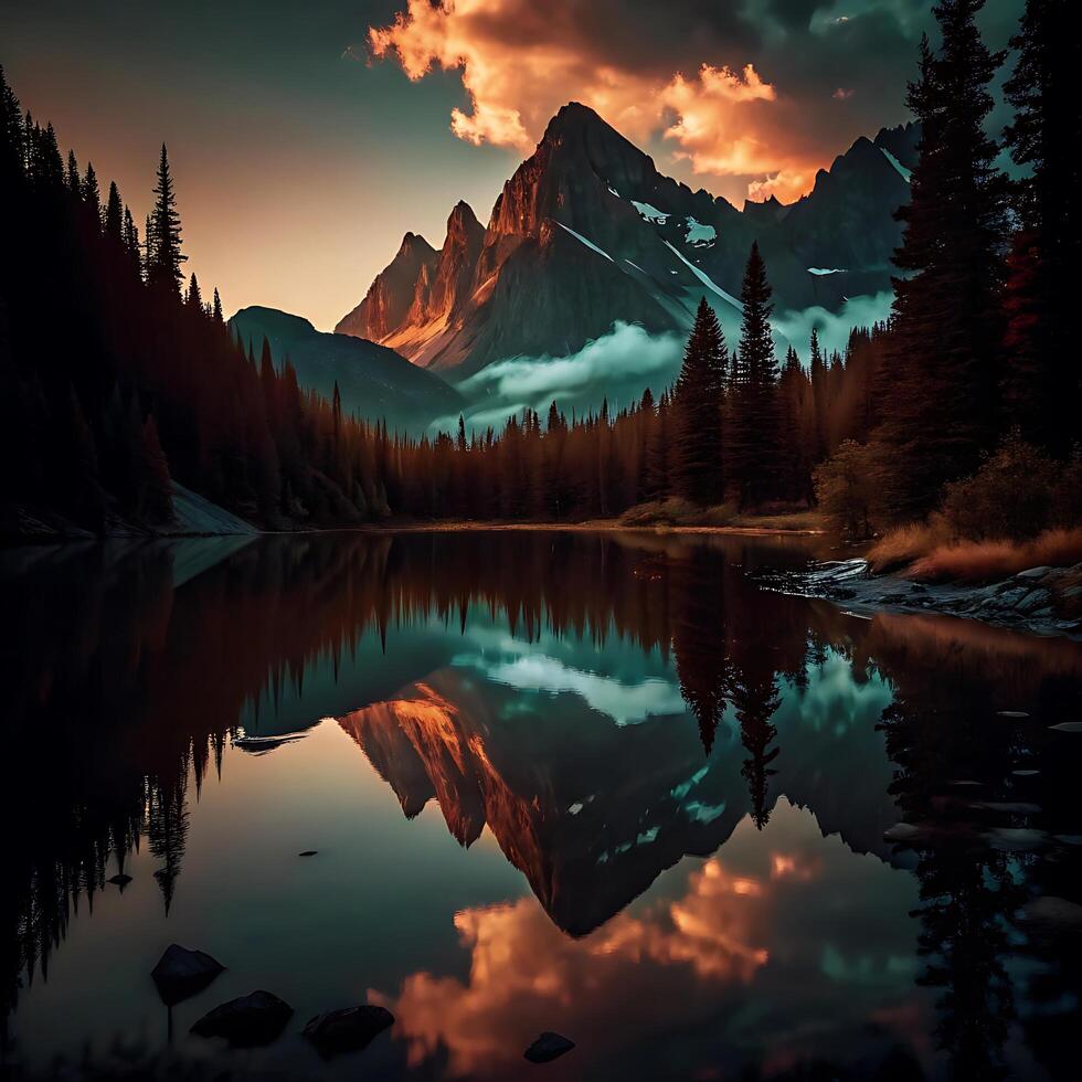 Majestic Mountain Reflection in a Serene Lake at Sunset photo