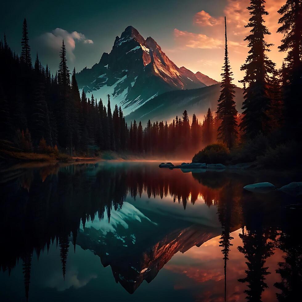 Majestic Mountain Reflection at Sunrise Over Calm Lake in a Coniferous Forest photo
