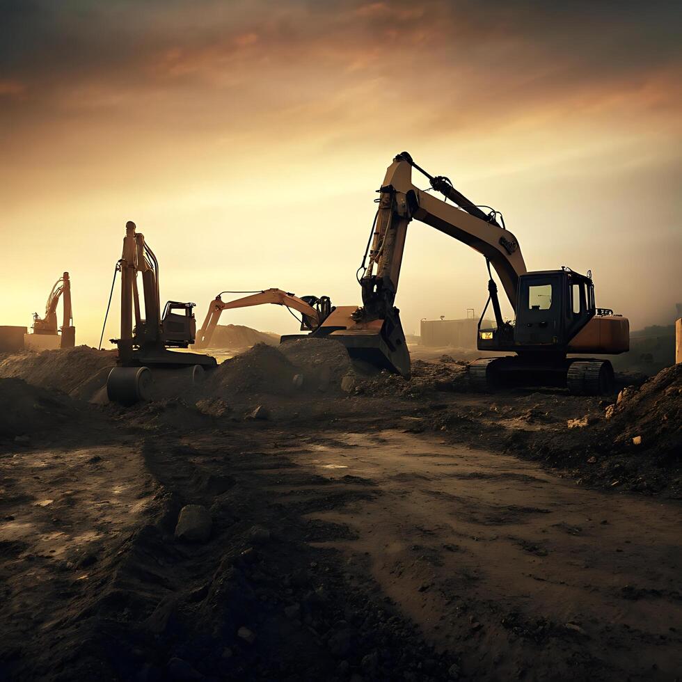 Heavy Machinery at Dusk Excavating Earth During Construction Project photo