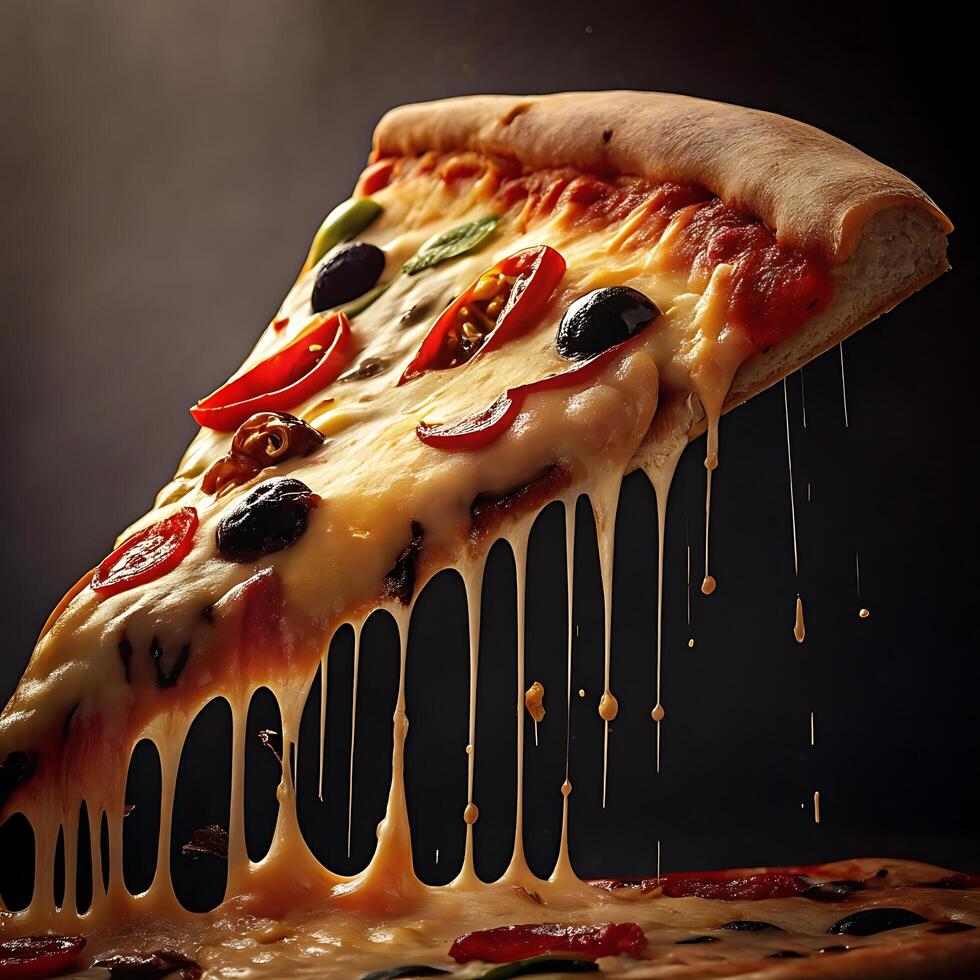 Delicious Melted Cheese Pizza Slice with Various Toppings photo