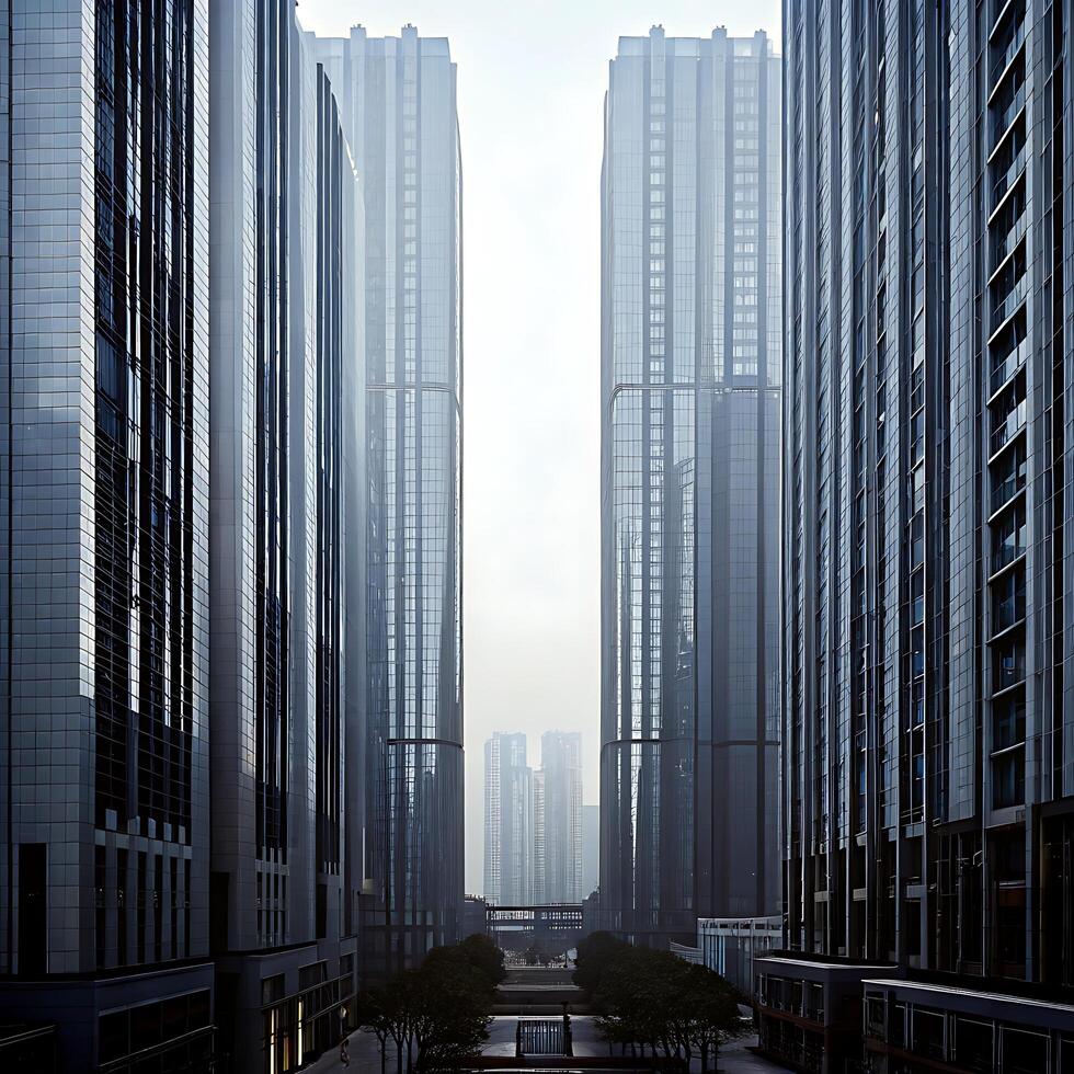 Modern Cityscape View of Tall Glass Skyscrapers on a Hazy Day photo