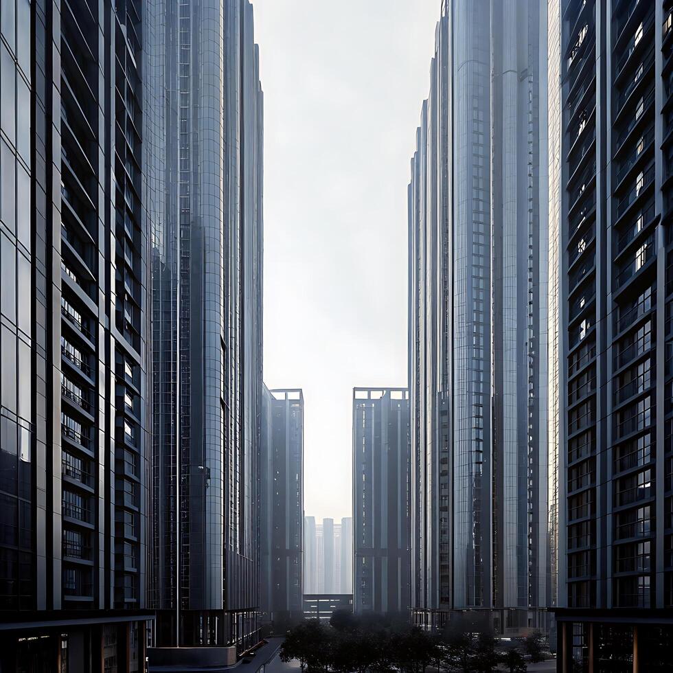 Modern Cityscape Architecture Tall Sleek Buildings in a Hazy Dawn photo