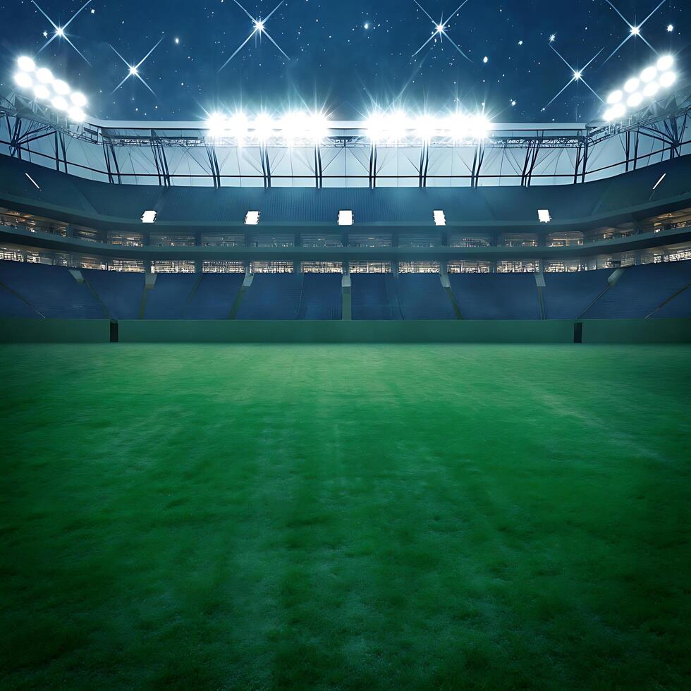 Empty Stadium at Night Under Bright Lights Green Field Soccer Football photo