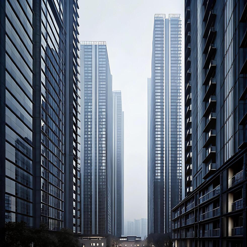 Modern Cityscape Architecture Glass Buildings Urban Skyline Foggy Atmosphere Tall Structures photo