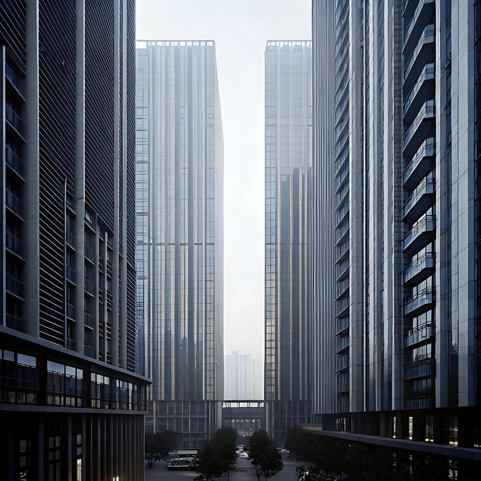 Modern Cityscape Architecture with Tall Glass Buildings and Foggy Atmosphere photo