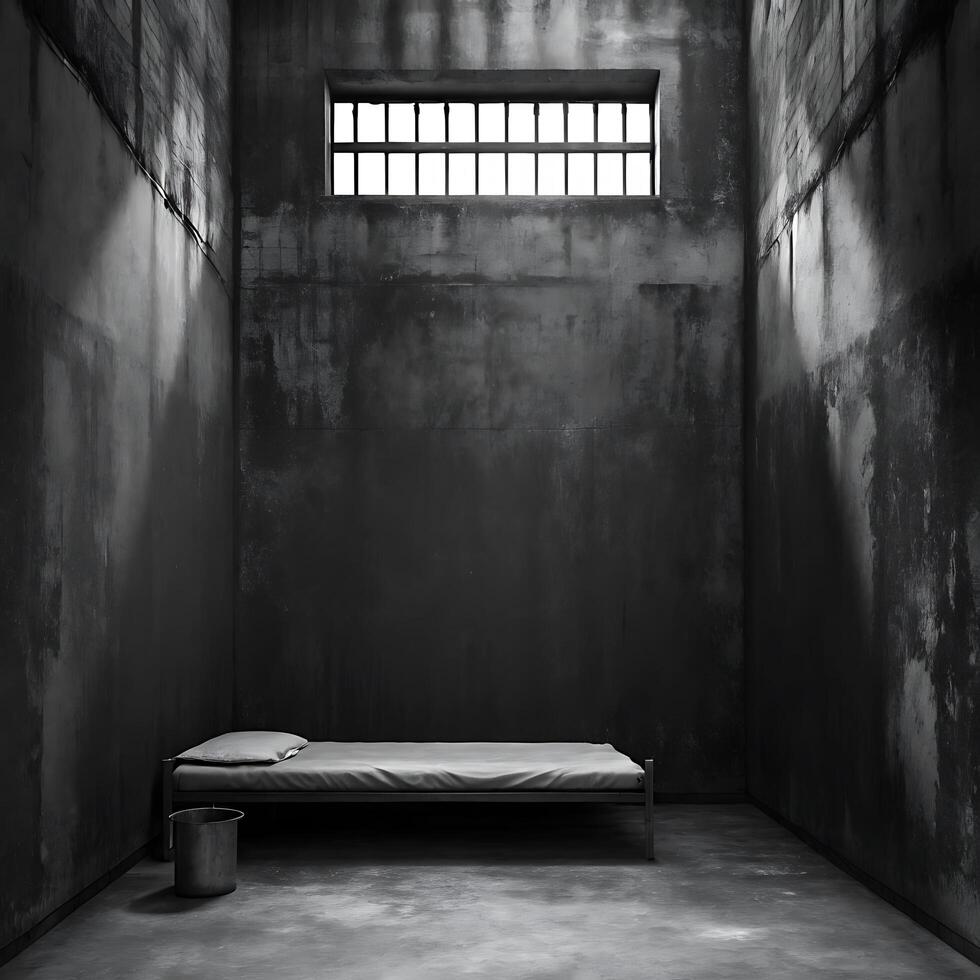 A stark solitary confinement cell with a metal bed and a small bucket photo