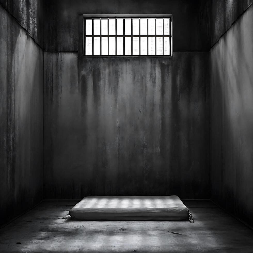 A solitary confinement cell features a thin mattress on a concrete floor, a barred window high on the wall, and dark, damp walls photo