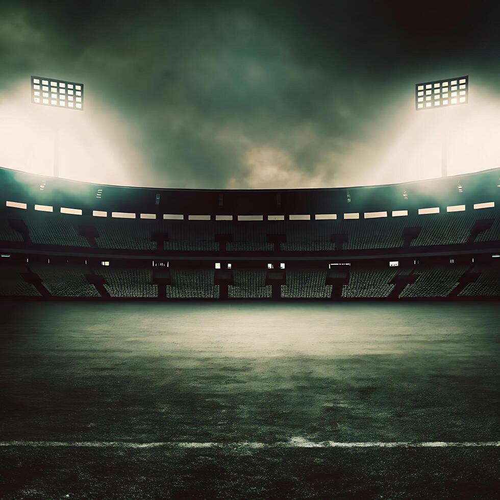 Empty Stadium at Night with Dramatic Lighting and Foggy Atmosphere photo