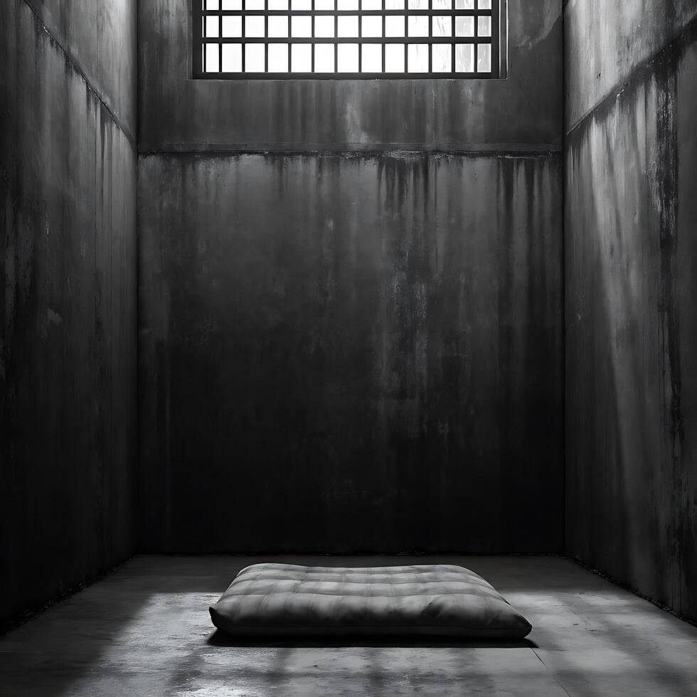 Solitary Confinement Cell Gloomy Prison Interior Single Thin Mat Concrete Walls Bars Window photo