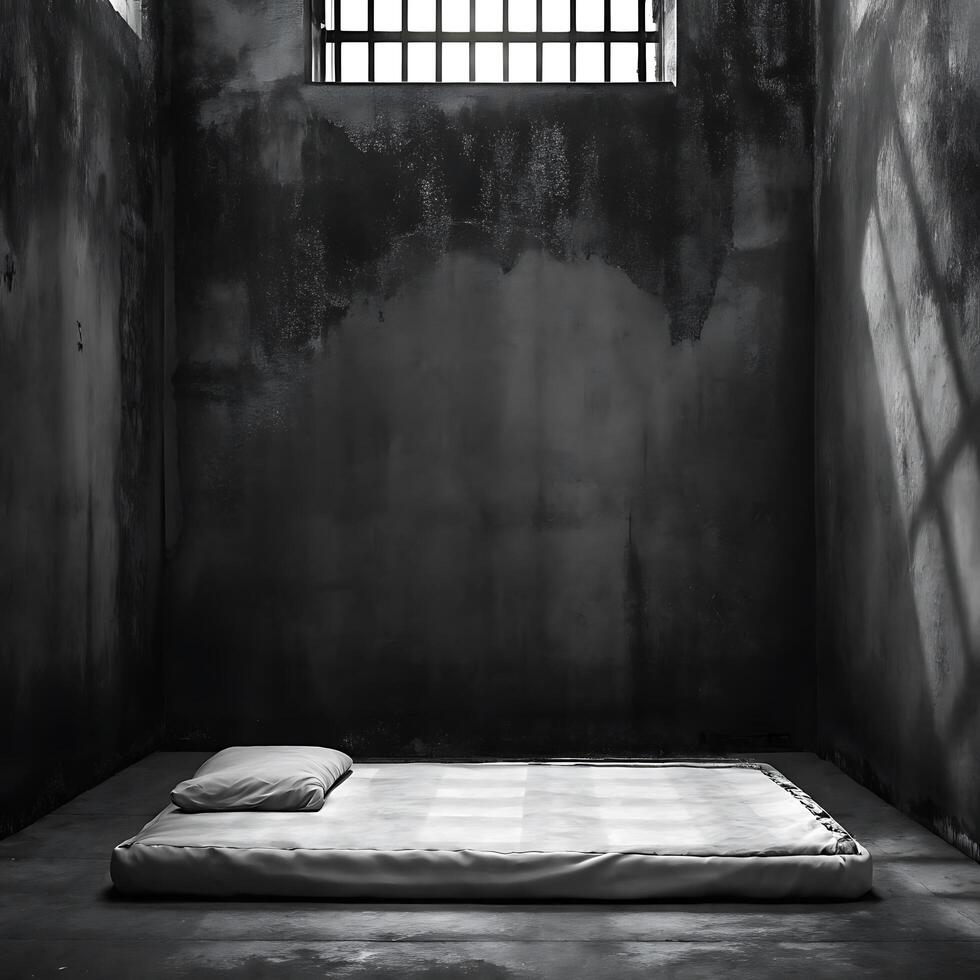 A stark depiction of a solitary confinement cell featuring a thin mattress and pillow on a concrete floor photo