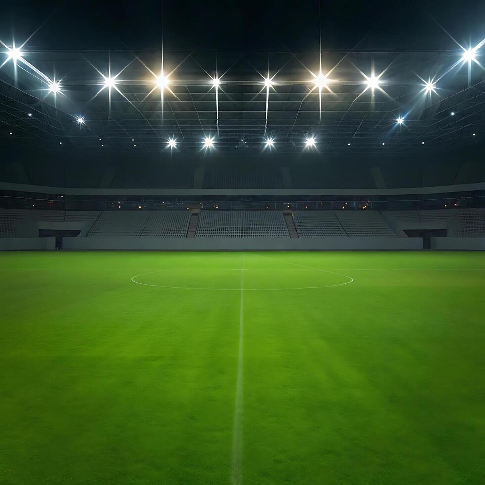 Night view of an empty soccer stadium with bright lights illuminating the green field and empty stands photo