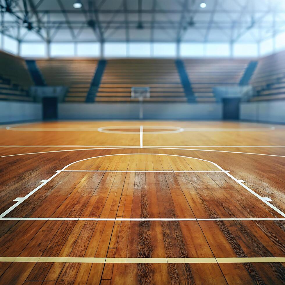 Gleaming Hardwood Basketball Court in a Spacious Indoor Arena photo