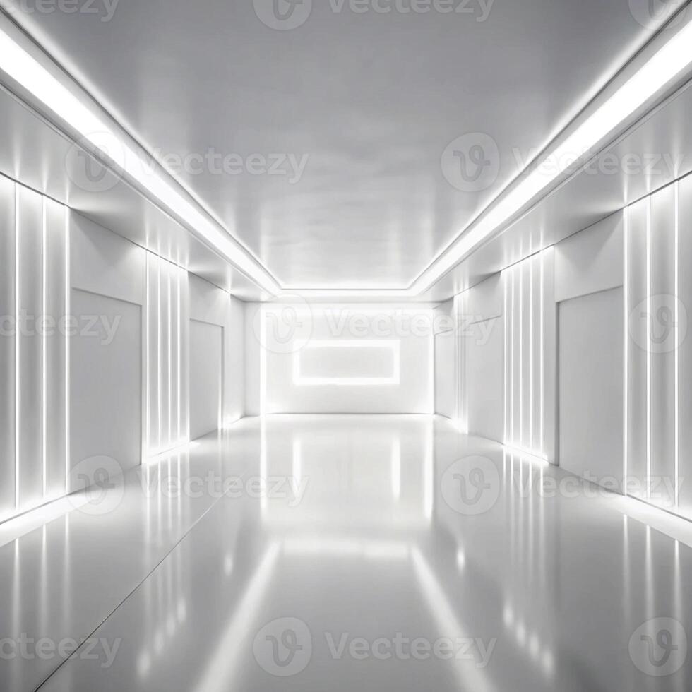 White hallway with a lighted floor and a white wall photo