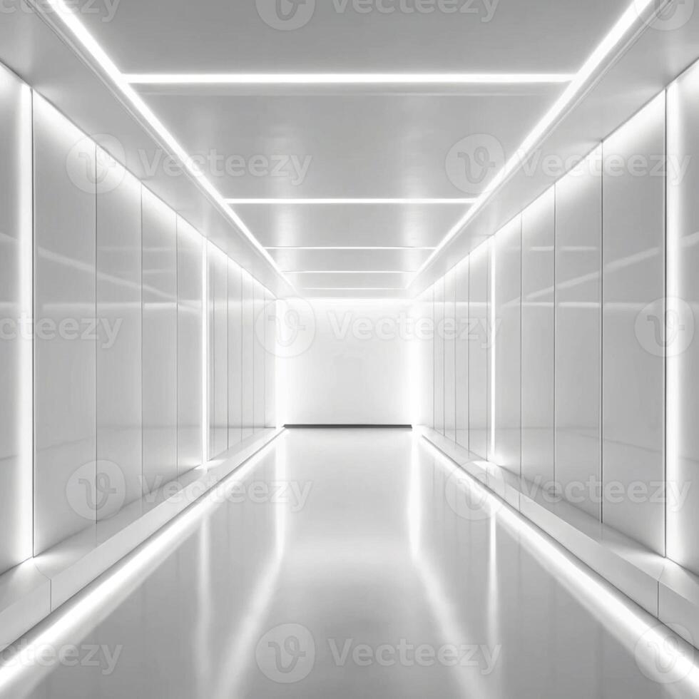 A long white hallway with white walls and lights photo