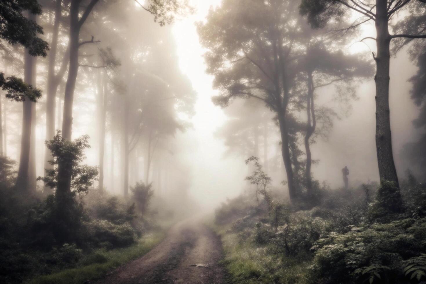 Misty Forest Path Enveloped in Fog A Serene and Mysterious Woodland Scene photo