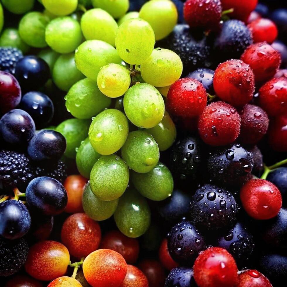 A vibrant collection of green red and black grapes glistening with water droplets photo