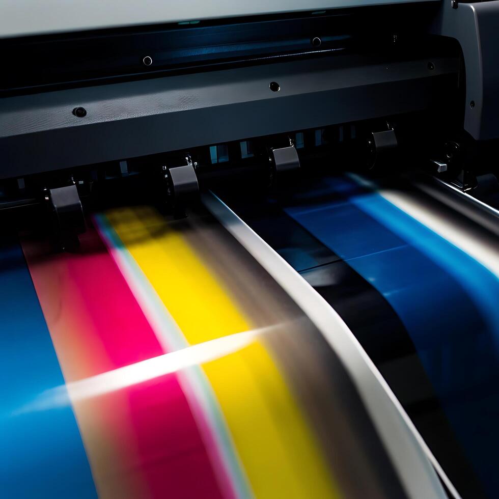 Highspeed large format digital printing process in action showing vibrant CMYK colors photo
