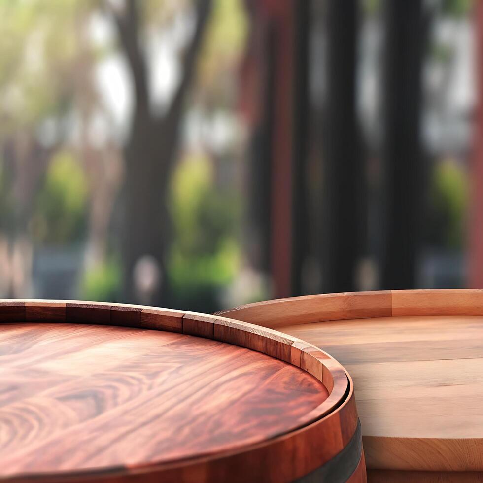Two Wooden Barrels Displayed Against a Blurred Outdoor Background of Lush Greenery and Trees photo