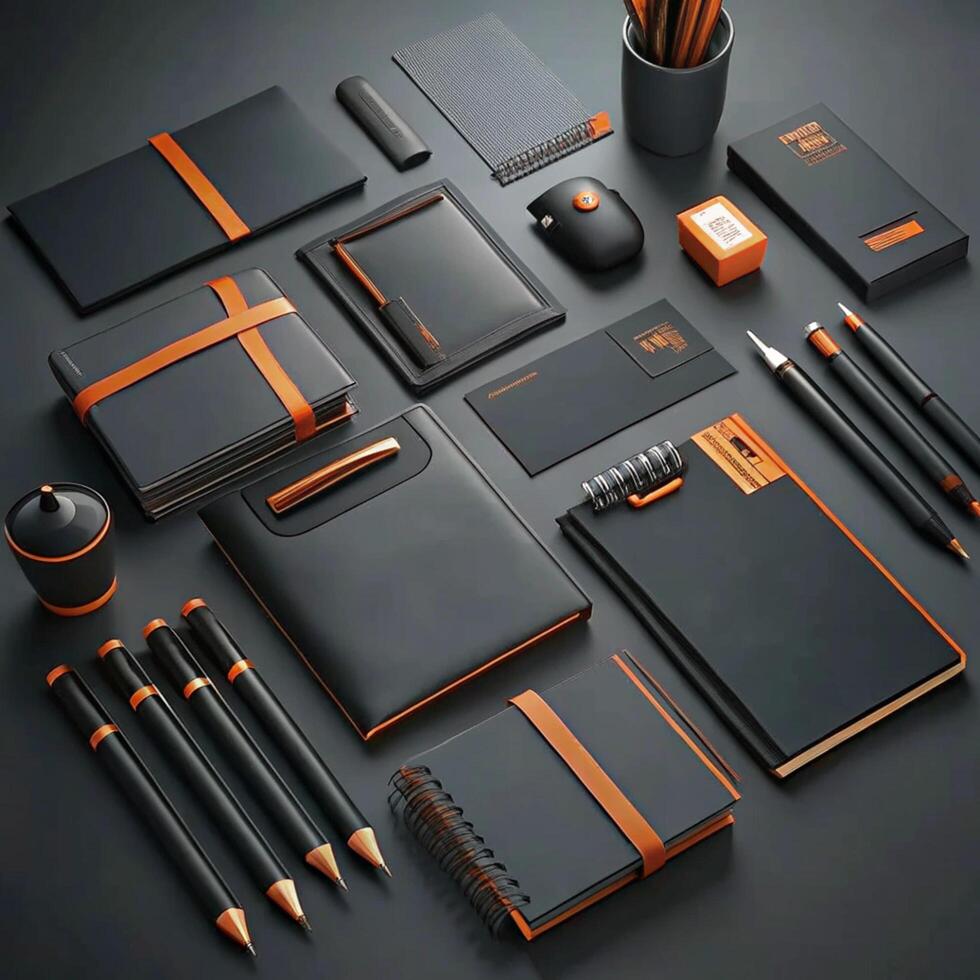 Elegant Black and Orange Corporate Stationery Mockup with Notebooks Pens and Business Cards photo