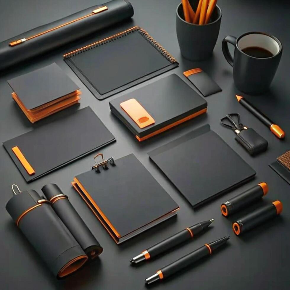 Elegant Black and Orange Corporate Stationery Mockup Design photo