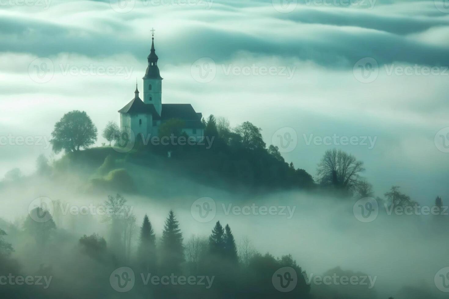 A church on top of a hill surrounded by fog photo