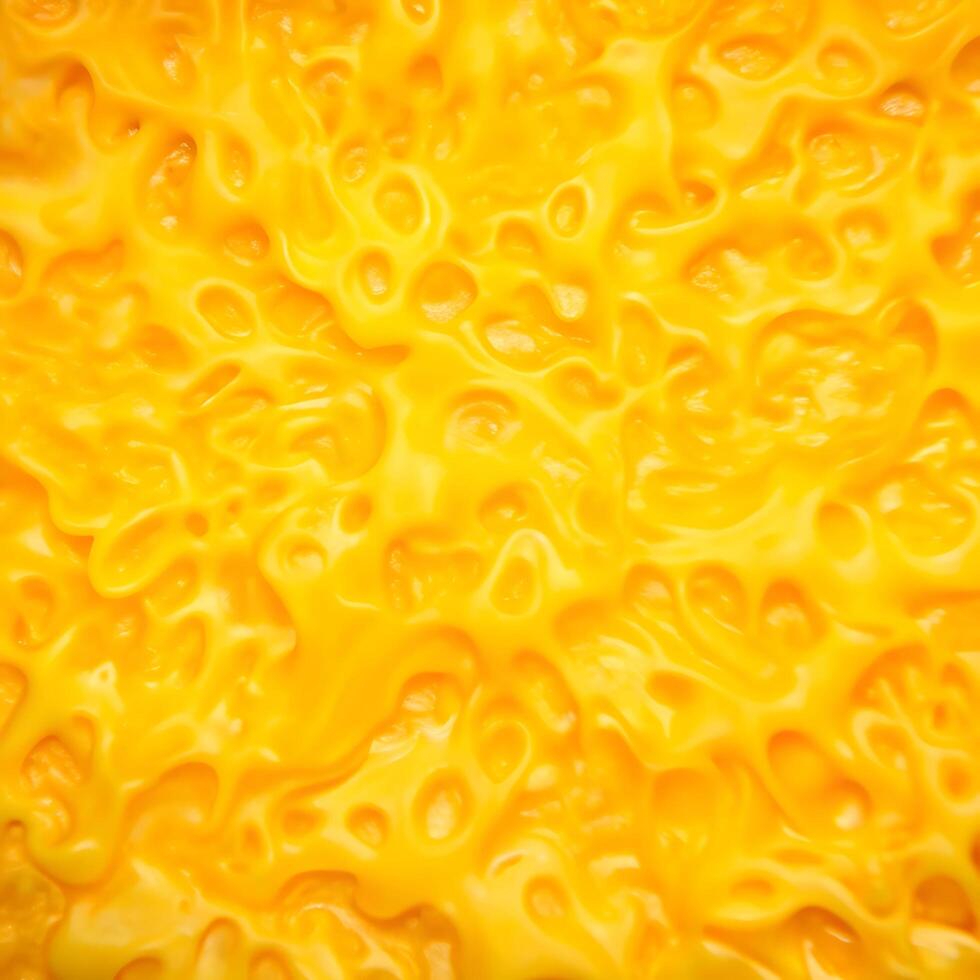 Closeup of a vibrant yellow cheese texture with irregular holes and swirls photo