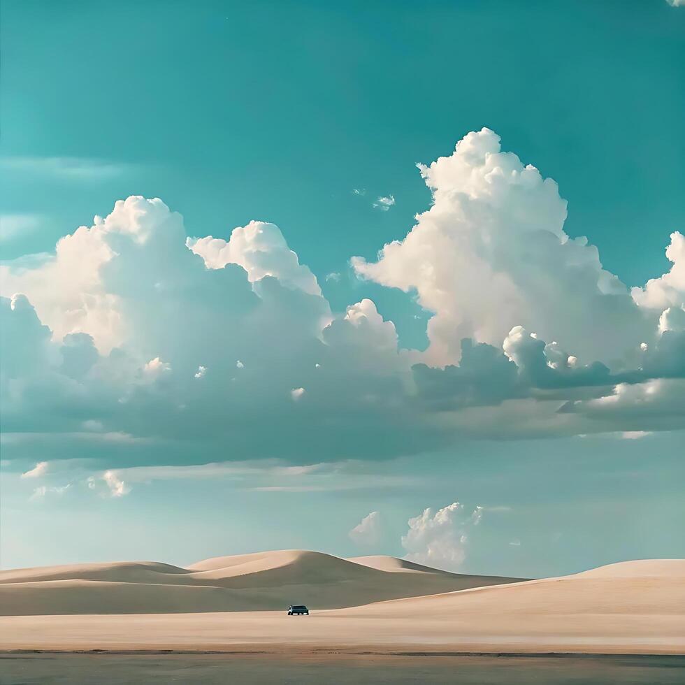 Solitary Vehicle Journey Across Expansive Sand Dunes Under a Dramatic Sky photo