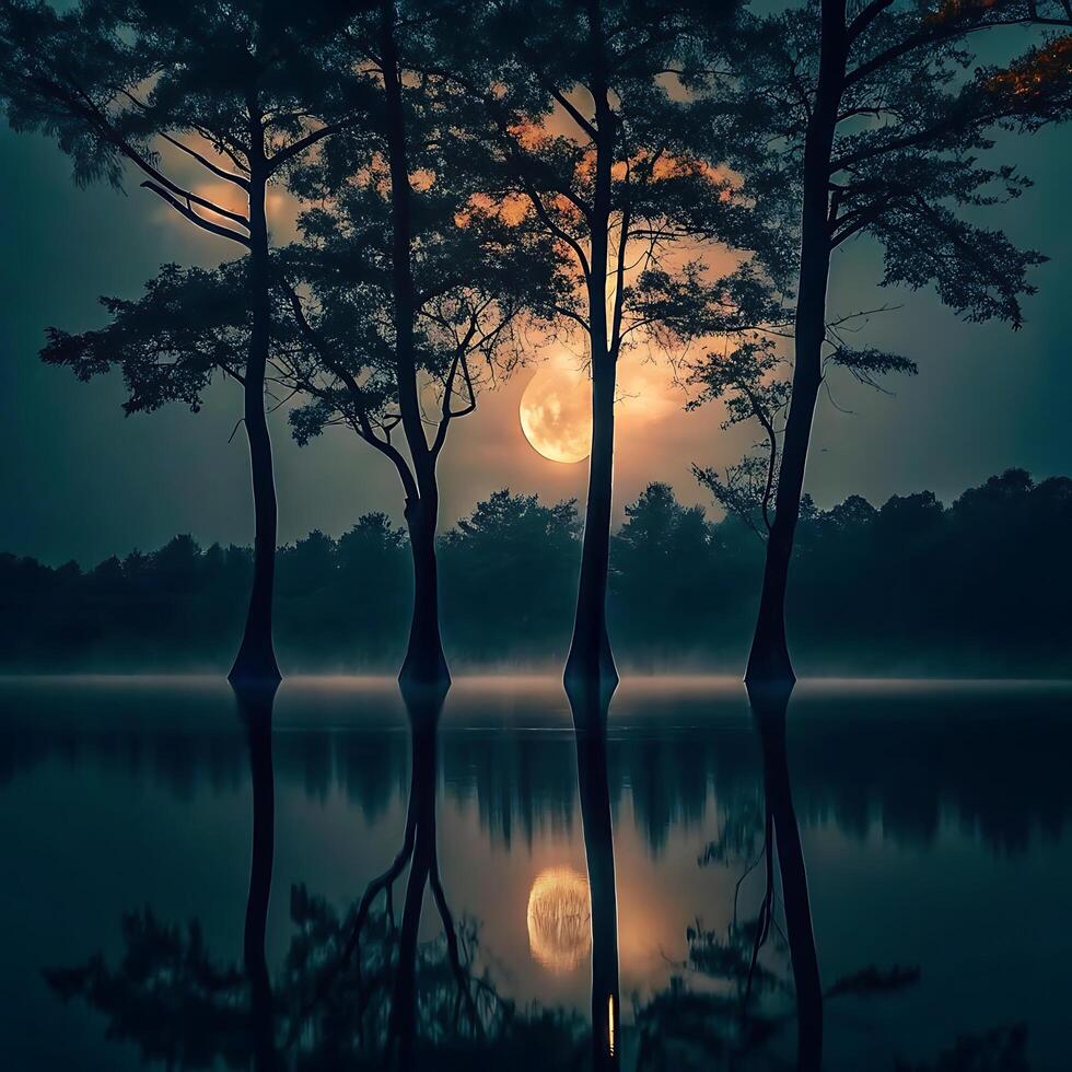 Serene Night Scene with Full Moon and Silhouetted Trees Reflecting in Still Water photo