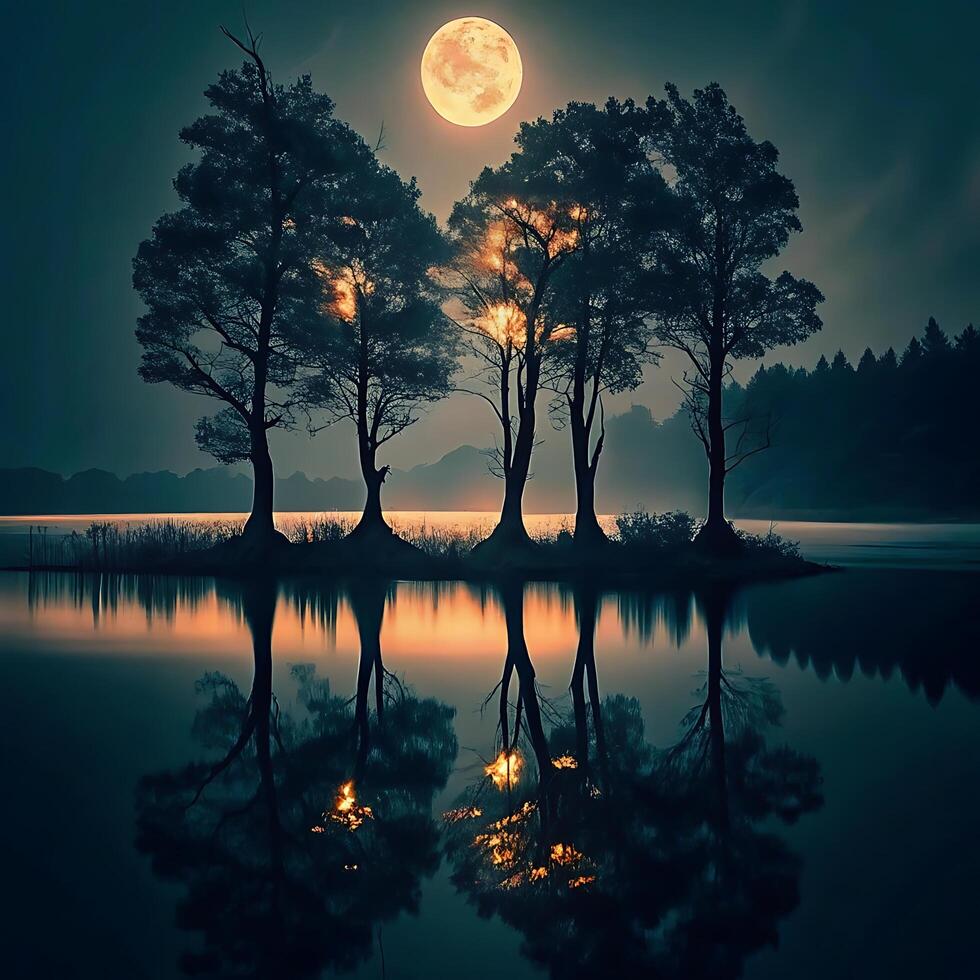 Serene Night Scene with Four Silhouetted Trees on a Lake Island Under a Full Moon photo