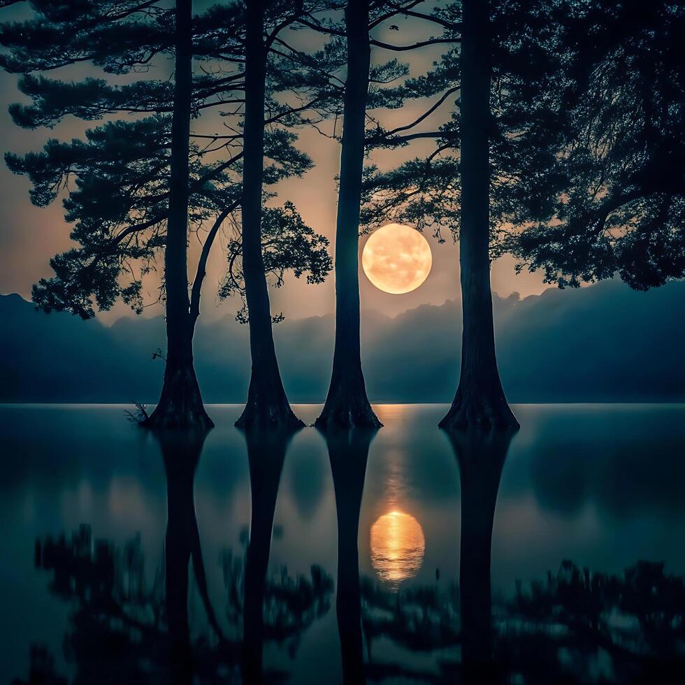 Serene Night Scene with Full Moon and Silhouetted Trees Reflecting in Calm Water photo