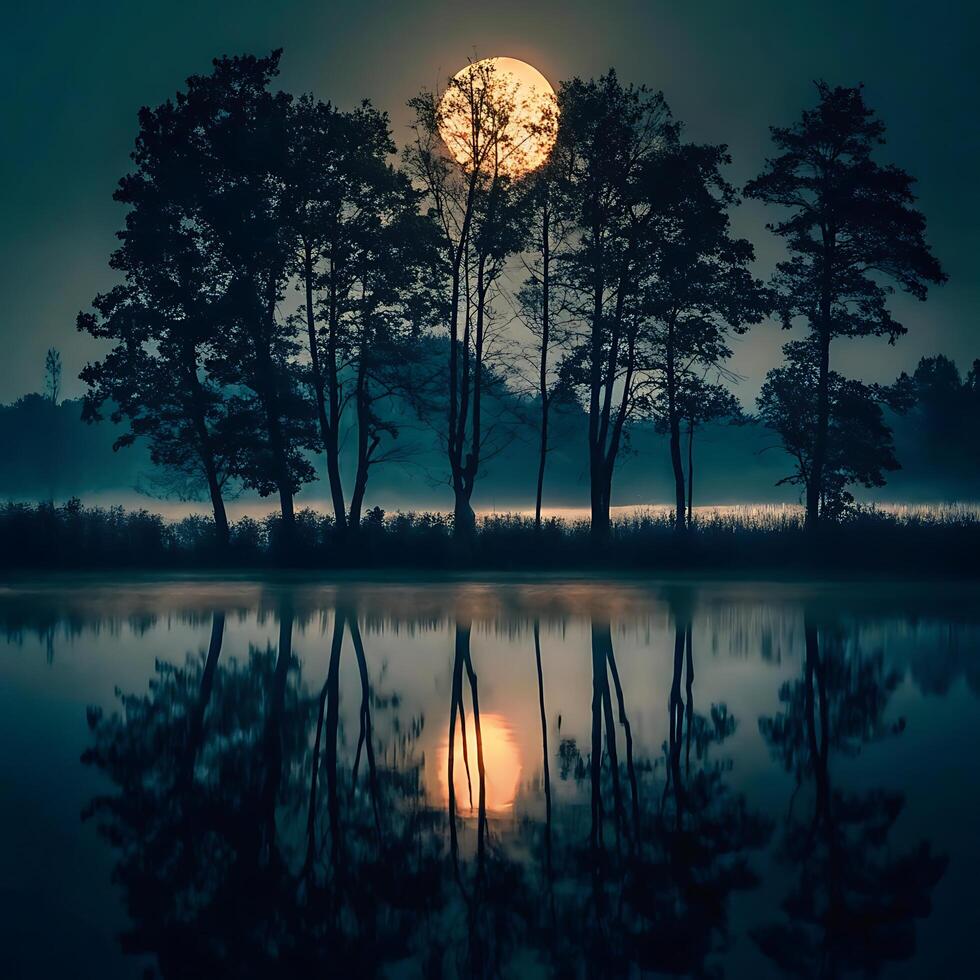 Serene Night Scene with Full Moon over Still Water and Silhouetted Trees photo