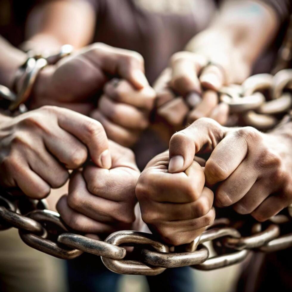 Many Hands Clasped Together Around a Heavy Metal Chain Symbolizing Unity and Shared Burden photo
