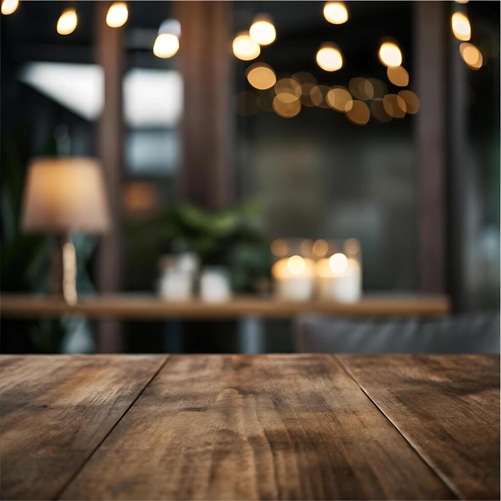 Rustic Wooden Tabletop with Blurred Background of Cozy Cafe Interior and Warm String Lights photo