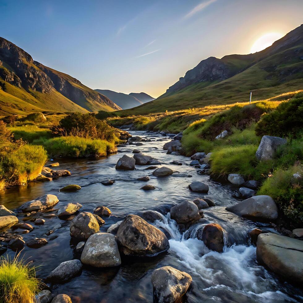 Serene Sunset Landscape with Mountain River and Lush Green Valley photo
